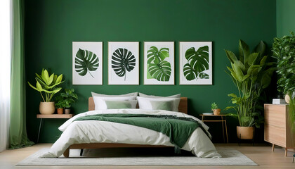 Interior of stylish bedroom with paintings, houseplants, and green wall