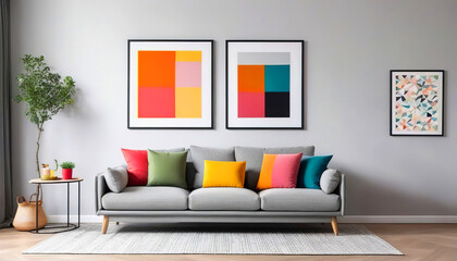 Light grey sofa with colorful multicolored pillows against wall with art poster frames. Pop art, Scandinavian home interior design of modern living room