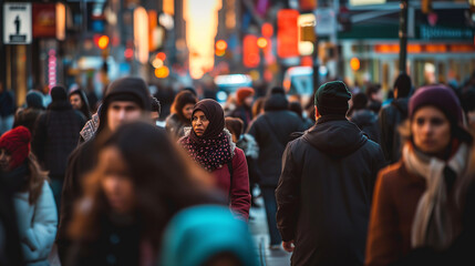 Fototapeta premium A bustling city street scene during morning rush hour, softly focused on diverse people