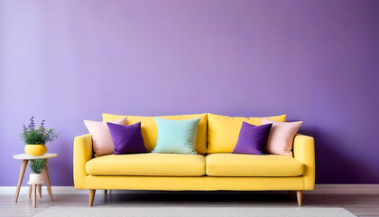 Light yellow sofa with pastel colorful cushions against violet wall with copy space. Scandinavian interior design of modern living room