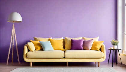 Light yellow sofa with pastel colorful cushions against violet wall with copy space. Scandinavian interior design of modern living room