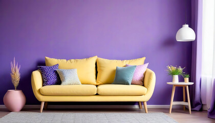 Light yellow sofa with pastel colorful cushions against violet wall with copy space. Scandinavian interior design of modern living room