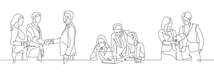 Continuous one line drawing group of a business team. Group of office workers.