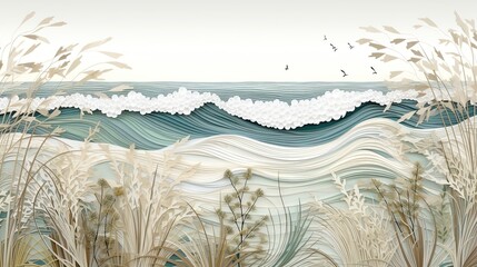 Illustration of papercut waves, sand and wild grasses at the shore on a beautiful day