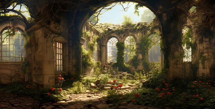 old church in the woods, old abandoned church, abandoned garden In ruins Photo realism