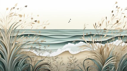 Illustration of papercut waves, sand and wild grasses at the shore on a beautiful day
