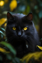 Black cat with yellow eyes on a background of yellow leaves in autumn