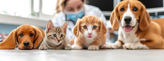 Veterinary examination of dogs and cats, Puppy and kitten at the veterinarian. Animal clinic. Pet screening and vaccinations, Healthcare