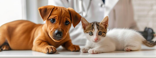 Veterinary examination of dogs and cats, Puppy and kitten at the veterinarian. Animal clinic. Pet screening and vaccinations, Healthcare - obrazy, fototapety, plakaty