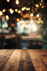 Wooden table blurred background of restaurant of cafe with bokeh