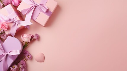 Charming Woman's Day Gift Composition with Elegant Boxes, Pink Ribbon, Hearts, and Prairie Gentian Flowers on Pastel Pink Background - Celebration Concept with Copyspace for Special Occasions and Holi