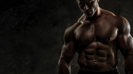 Fototapeta na wymiar Muscular man's torso in dramatic gym lighting.