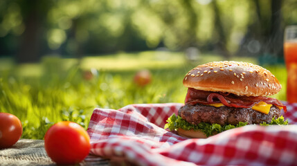 Juicy burger on a picnic in sunny park.