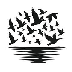 Obraz premium Flock of Birds in Flight over Water Silhouette