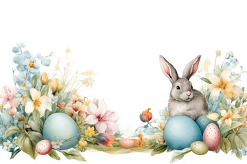Greeting card easter bunny with flowers copy space