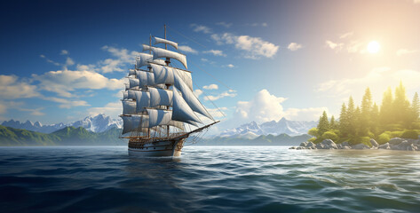 sailing ship in the ocean, ship in the sea, ship in the sky, beautiful sailboat glorious day digit