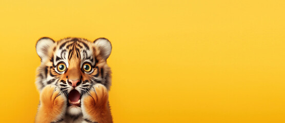 Cub looking surprised, reacting amazed, impressed, standing over yellow background
