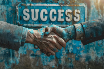 Corporate image of hands shaking hands, in the background a sign that says "SUCCESS". AI generative