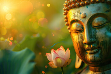 glowing golden buddha face with crystal lotus, nature green background, heaven light