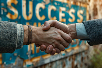 Corporate image of hands shaking hands, in the background a sign that says "SUCCESS". AI generative
