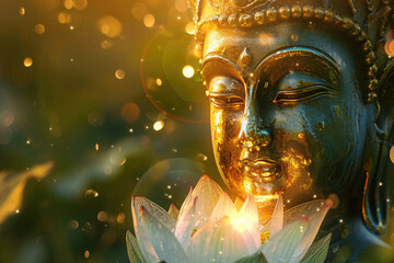 glowing golden buddha face with crystal lotus, nature green background, heaven light