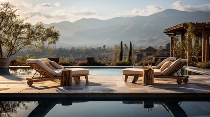 A backyard pool with plush seats and couches that faces the mountains in the morning, Generative AI.