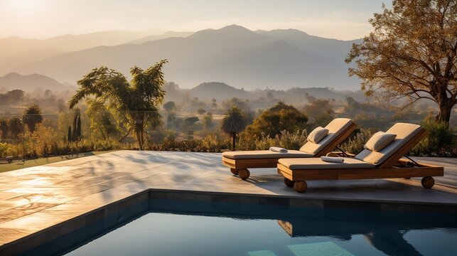 A backyard pool with plush seats and couches that faces the mountains in the morning, Generative AI.