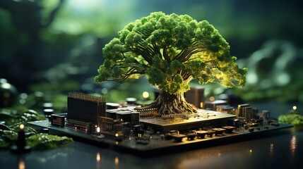 A computer motherboard with a green tree growing on it, rendered in three dimensions, Generative AI.