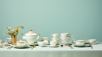 Elegant Father's Day Celebration: Luxurious Table Setting with Polished Silverware, Crisp Linen Napkins, and Coffee on a Pastel Blue Background