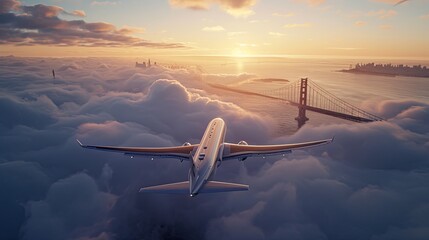 Fototapeta premium Majestic Airplane Soaring through Golden Hour Skies in Tranquil Serenity