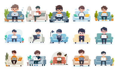 Vector set of guys playing with laptops on the sofa