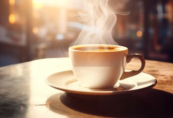 Cup of steaming coffee on a table in the sun with copy space