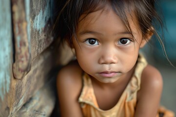 Hungry, starving, poor little child looking at the camera