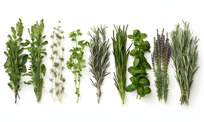 Essentials herbs photography high detail isolated white by background AI Image generative - obrazy, fototapety, plakaty