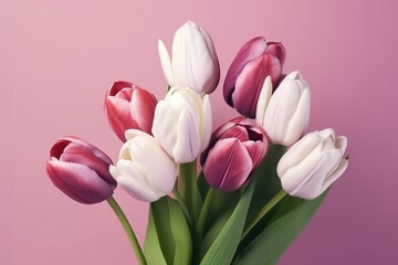 Obraz premium Purple and white tulips on a pink background