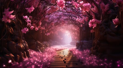 A pathway lined with pink blossoms, illuminated at the end, Generative AI.