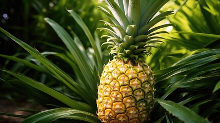 A ripe pineapple with its spiky green  