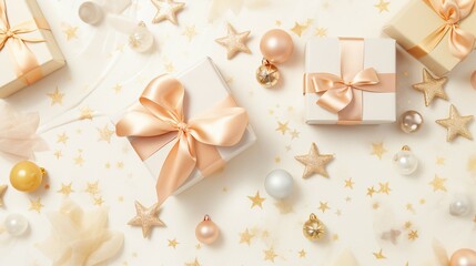 Fototapeta na wymiar Chic Orange and Gold Christmas Gift Boxes with Festive Decor on Pastel Surface – Elegant Holiday Present Ideas