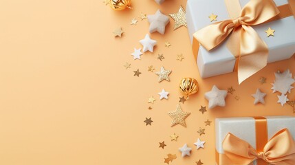 Chic Orange and Gold Christmas Gift Boxes with Festive Decor on Pastel Surface – Elegant Holiday Present Ideas