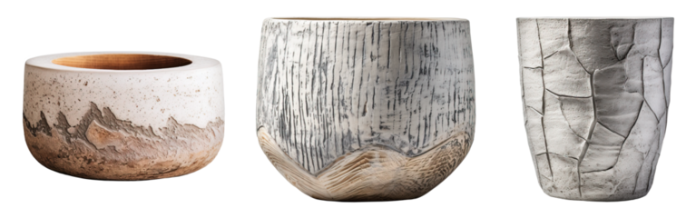 contemporary artisanal stoneware handmade pots in minimalist style for interior design on a transparent background