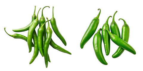 A pile of green chillies on a transparent png background viewed from above