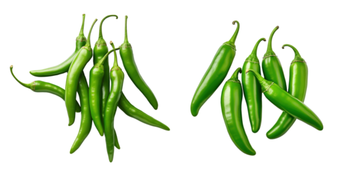 A pile of green chillies on a transparent png background viewed from above