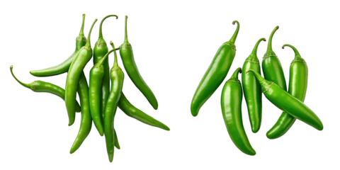 Foto op Canvas A pile of green chillies on a transparent png background viewed from above © alixim