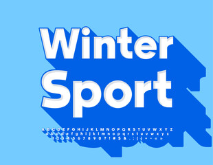 Vector trendy Banner Winter Sport.  Creative White Font with Big Blue Shadow. Modern Alphabet Letters and Numbers set.