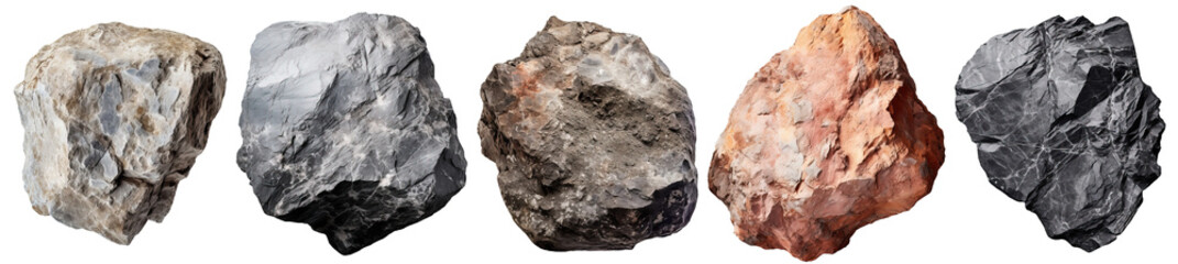 different boulder rocks and stones isolated on a transparent background
