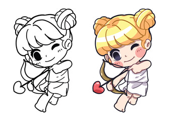 Cute cartoon illustration of little cupid, and line drawing illustrations of Little Cupid for coloring, Valentine's Theme, Vector illustration.