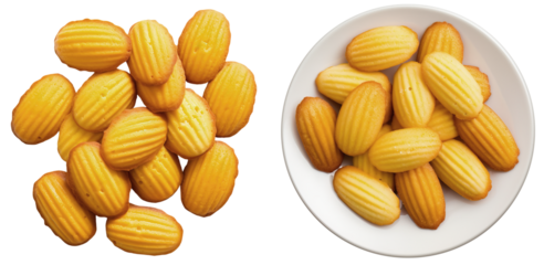 a pile of french madeleines isolated on a transparent background, top view