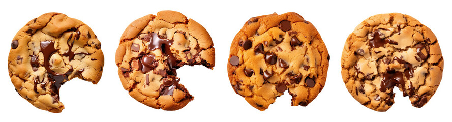 collection of bitten chocolate chip cookies isolated on a white background, top view