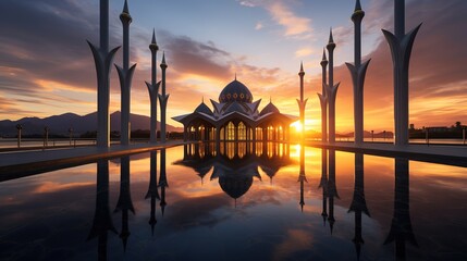 Sunset scenery of Kota Kinabalu city Mosque, Sabah Borneo, Malaysia - obrazy, fototapety, plakaty