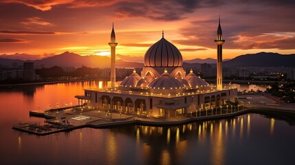 Fototapeta premium Sunset scenery of Kota Kinabalu city Mosque, Sabah Borneo, Malaysia